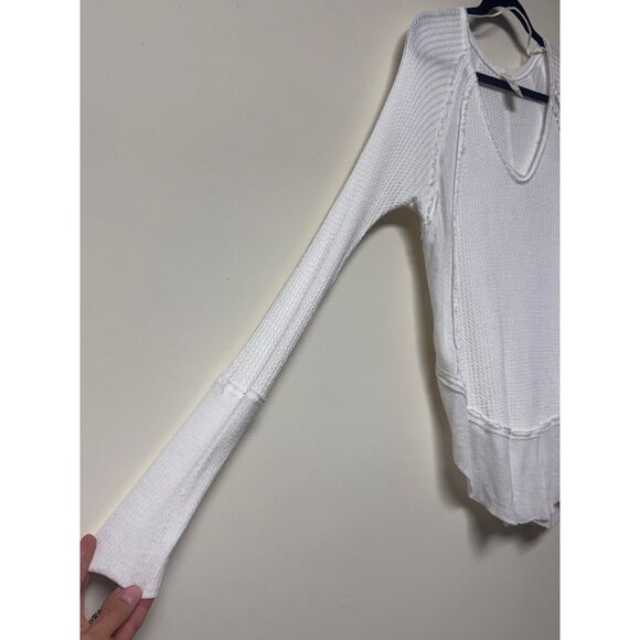 FREE PEOPLE We the Free Catalina V-Neck Thermal Waffle Knit L/S Tee, White, Sz S - Picture 4 of 11